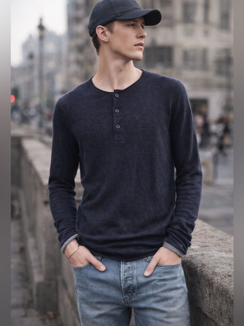 NWT Zadig & Voltaire Lightweight Cashmere Henley Sweater In Navy Size L